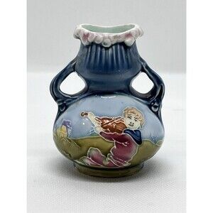 Vintage Small Double Handled Vase Blue with Man Playing Violin Painted on Front